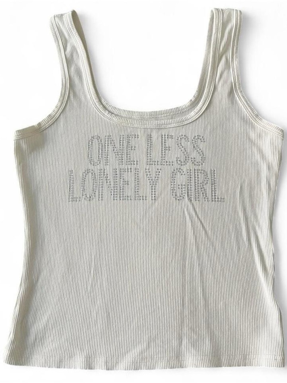 Ribbed White Tank Top with 'One Less Lonely Girl' Crystal Detail